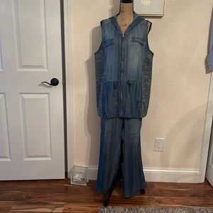 Chico’s size 2 hooded zip vest and wide leg elastic waist draw string pants.